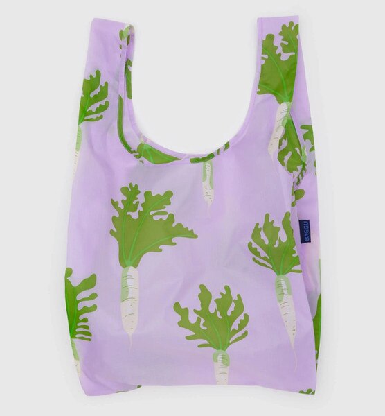 Lavender reusable BAGGU bag with allover green daikon radish print and blue logo tag